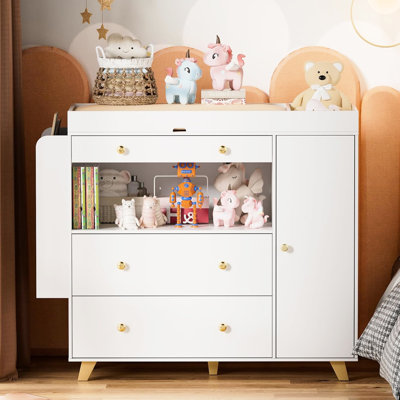 Modern Changing Table Dresser With Wide White Top And 3 Drawers, Easy - Assembled Product, 54" Vanity 12 Drawer Cabinet, Open Shelves For Bedroom Storage Drawers Top, Crafted Durability, Adjustable