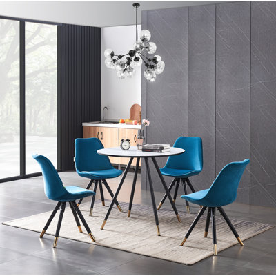 Pala 4 Person Dining set - a Round Wooden Dining Table with Metal Legs and a Set of 4 Quilted Velvet Dining Chairs for Dining Room - Modern Dining Table Set