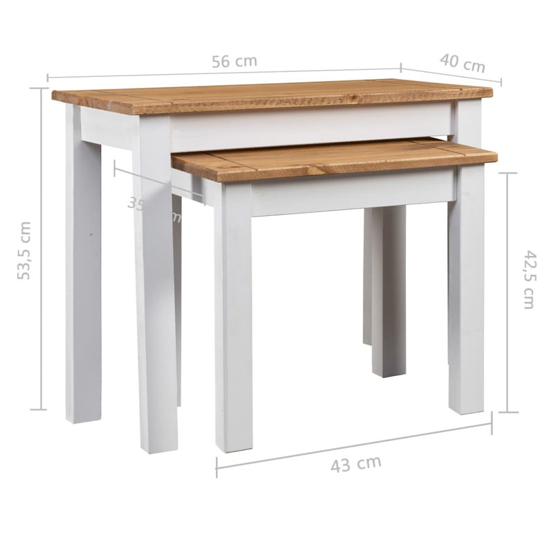 Nesting Tables 2 Pcs Coffee End Table Solid Pine Wood Panama Range, Natural Top/White Base