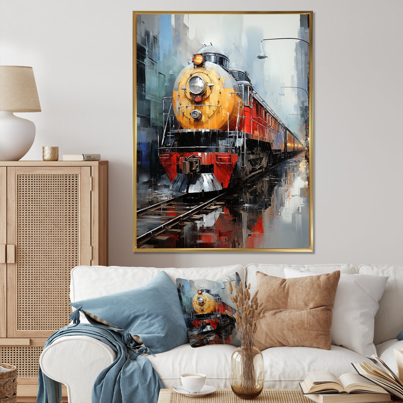 Jaune - train rouge - impression, Cadre flottant doré, H 20 po x l 12 po x P 1 po