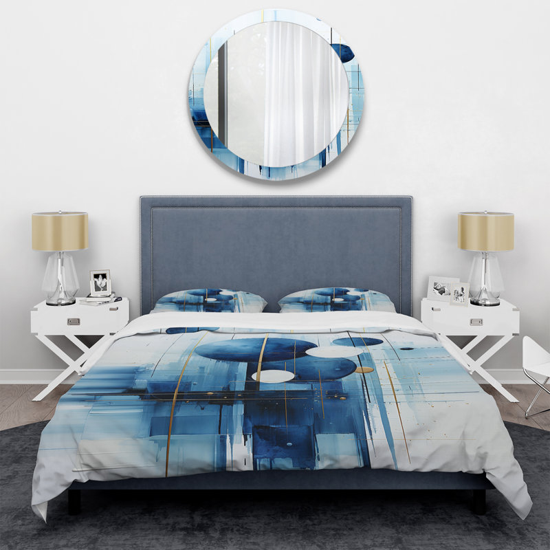 Ensemble de housse de couette nautique géométrique blanche et bleue à formes géométriques abstraites V