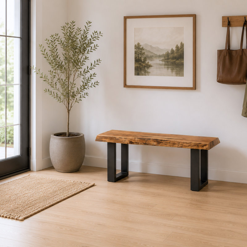 Banc en bois d'acacia massif Berrin 36 po avec pieds en métal noir