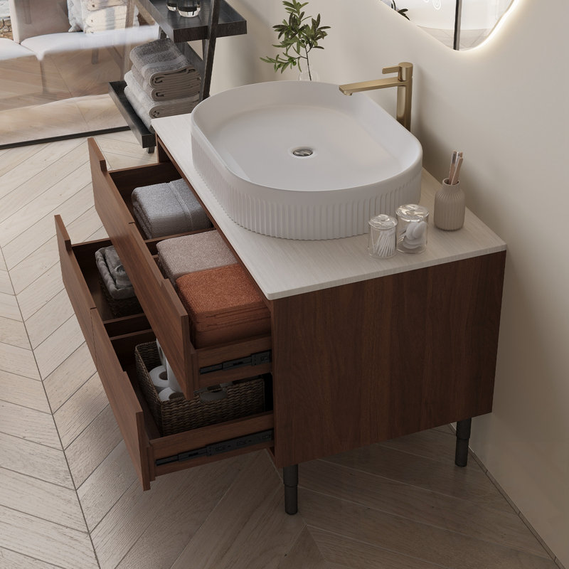 Meuble-lavabo avec lavabo et 2 tiroirs, Noyer