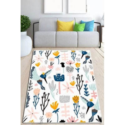 Tapis floral en coton tissé à la machine Berner en blanc / bleu / jaune