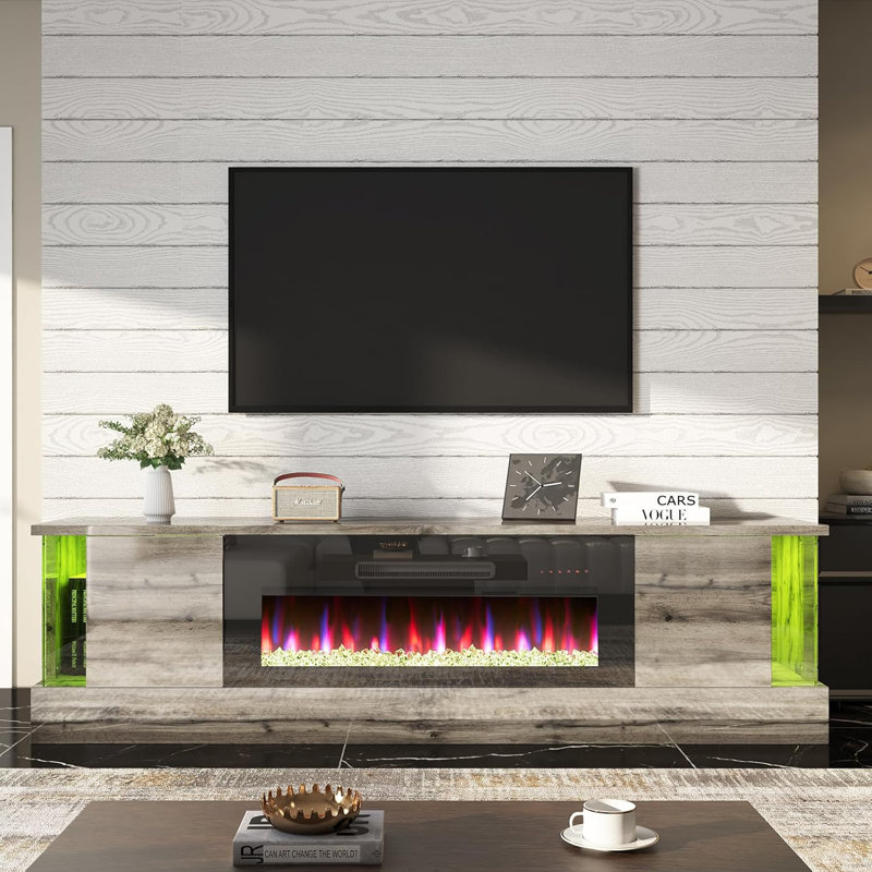 Meuble télé 70 po avec foyer Bhhatu, Gris / Noir, H 19,3 po x L 70 po x l 15,55 po