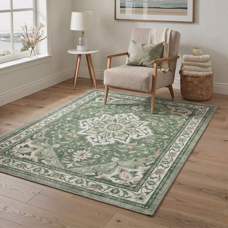 Abrahamson Lorelei Floral Machine Washable Green / White Indoor Area Rug with Non-Slip Backing, Rectangle 9' x 12'