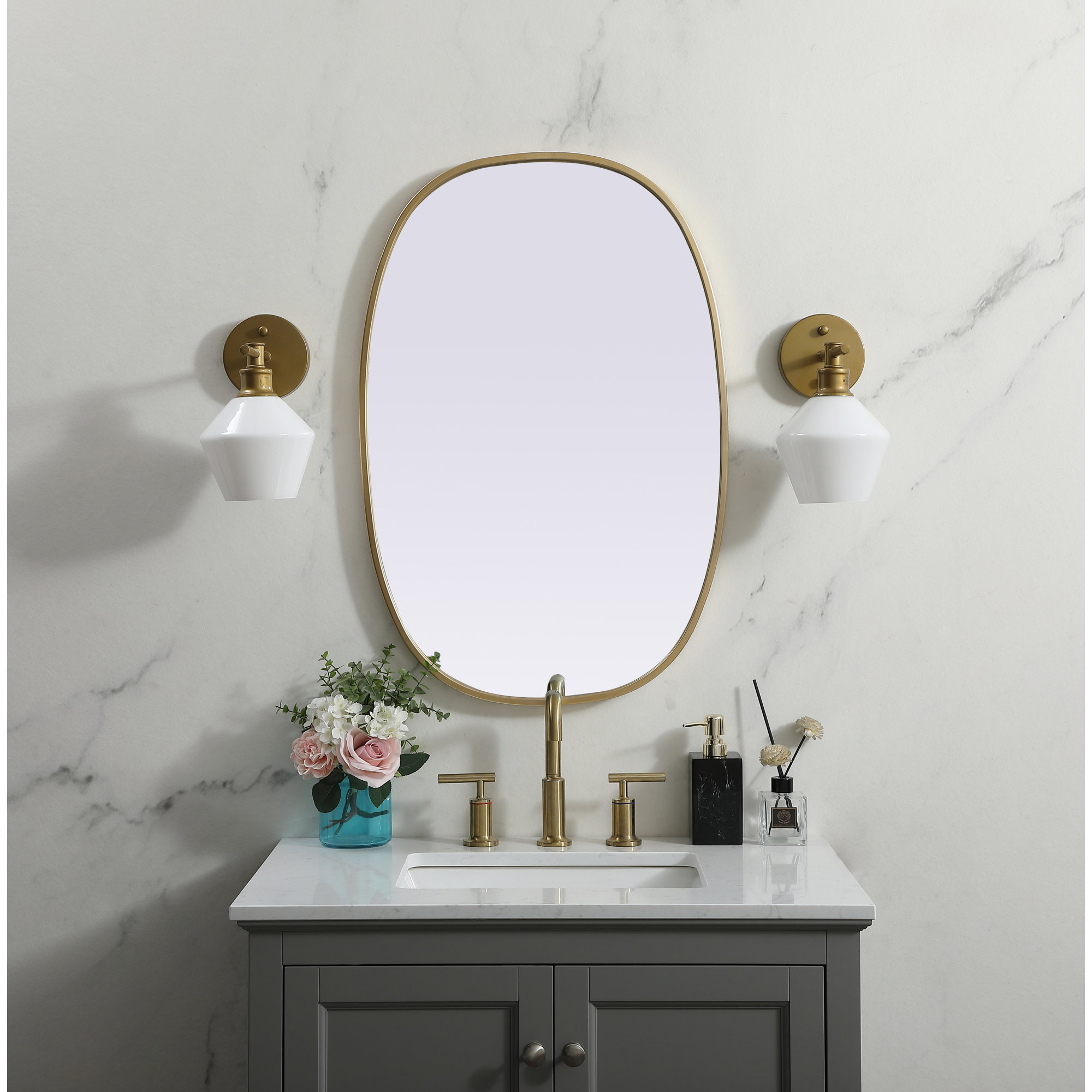 Sabine Metal Curved Oval Wall Mirror, 30" x 20", Brass