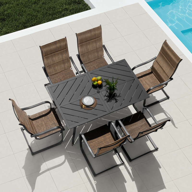 7-piece Metal Padded PVC-coated polyester Patio Dining Set With Umbrella Hole