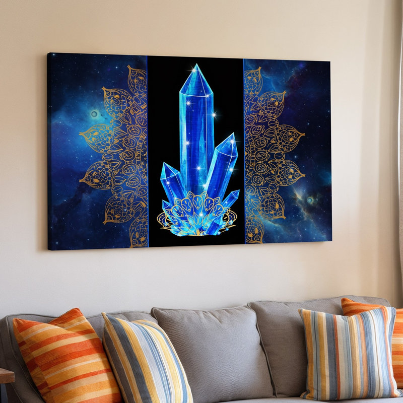 Toile, un cristal bleu saisissant se tient en évidence au centre, ses facettes d'art mural reflétant la lumière dans un étalage rayonnant encadré