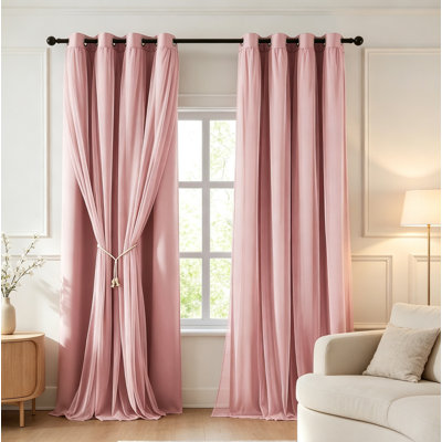 Ensemble de 2 rideaux occultants roses à double couche avec superposition de voilage, rideaux obscurcissant avec œillets pour le salon de la chambre à coucher