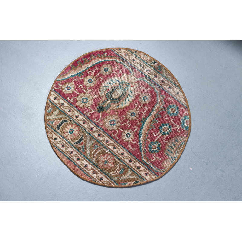 Round Turkish Door Mat With Vintage Red And Beige Design Featuring Floral Patterns For Elegant Home Decor