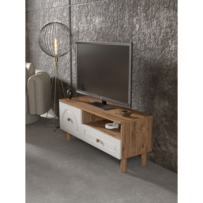 Meuble télé scandinave, pin atlantique et blanc, 40,9 po x 18,5 po x 13,8 po | Panneau de particules 100% mélaminé, épaisseur: 0,7 pouce | Plusieurs tablettes murales pour le rangement | Design élégant et fonctionnel pour les salons modernes
