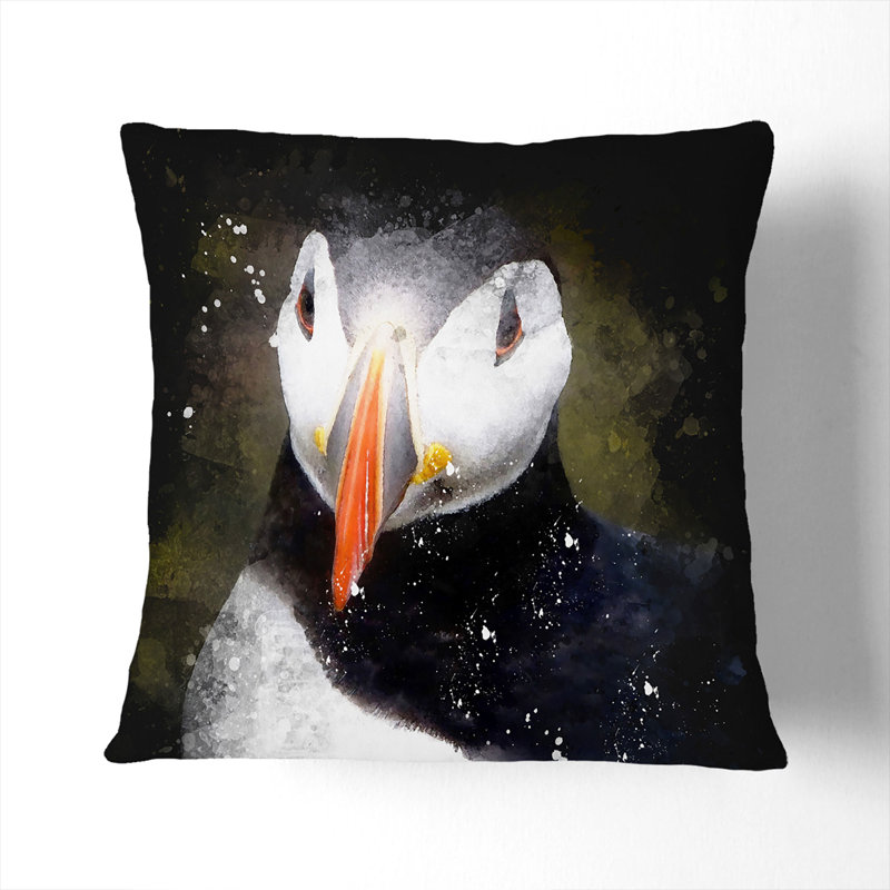 Atlantic Puffin Birds Vol.2 Paint Splash Square Throw Cushion, Black, 40cm H x 40cm W x 15cm D