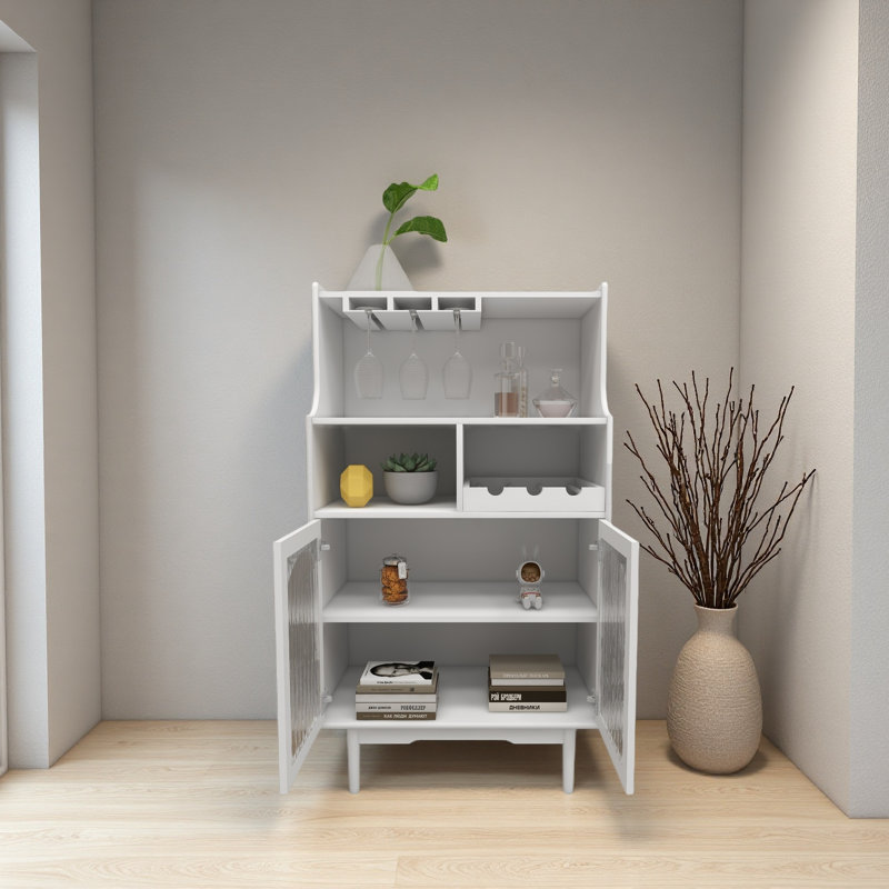 Armoire à vin blanche de salon avec porte-bouteilles amovible et porte-verres à vin