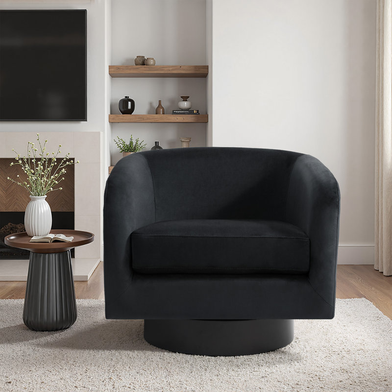 Velvet Upholstered Swivel Barrel Chair, Black