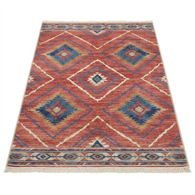 Machine Washable Non Slip Low Pile Faux Wool Area Rug Western Tribal Pattern Water Repellent for Living Room