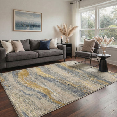 Abstract Waves Machine Washable Gilded Slate Indoor Area Rug With Non-Slip Backing