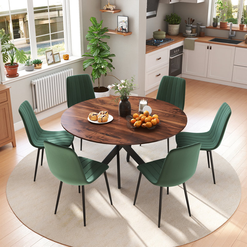 47in Round Dining Table Set, 7, Green, Brown