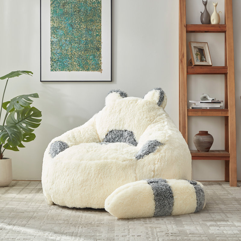 Raccoon Design Faux Rabbit Fur Bean Bag Chair with Detachable Tail Pillow, for Adults & Kids, Beige Faux Fur