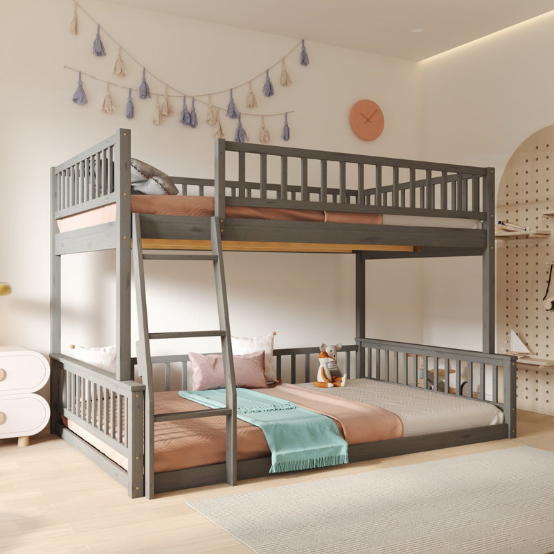 Full XL Over Queen Bunk Bed With Ladder And Guardrails, Gray