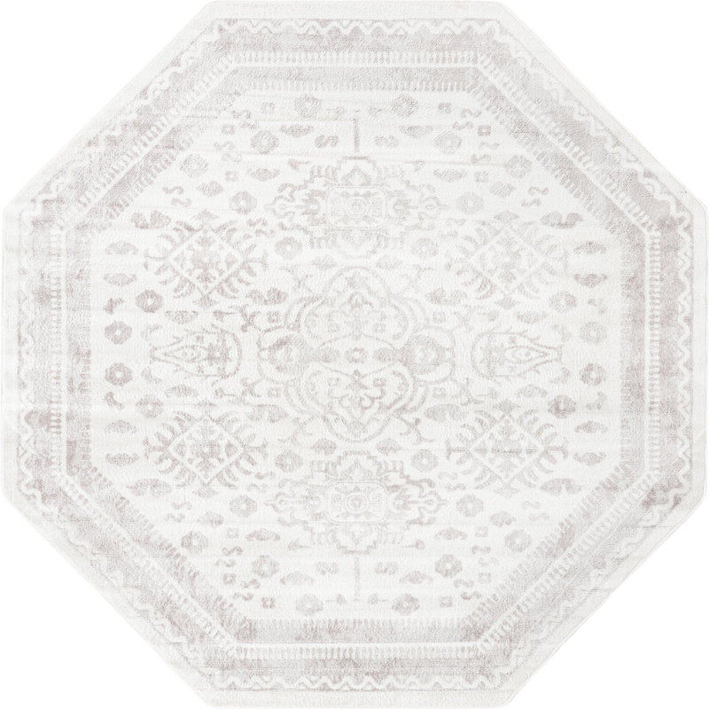 Tapis oriental en polypropylène gris / ivoire Ervine, Octogone 7 pi 1 po x 7 pi 1 po