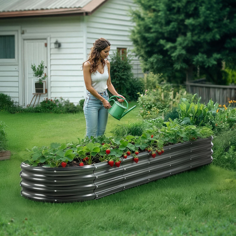 Metal Raised Garden Bed, 8 x 2 x 1 ft Oval Outdoor Galvanized Planter Garden Box, Open Bottom Design, Large Planter Raised Bed for Growing Vegetables, Flowers, Herbs, and Succulents, Dark Gray