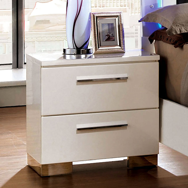 Table de chevet de chambre à coucher avec 2 tiroirs, surface blanche brillante et compartiments doublés de feutre + intérieur