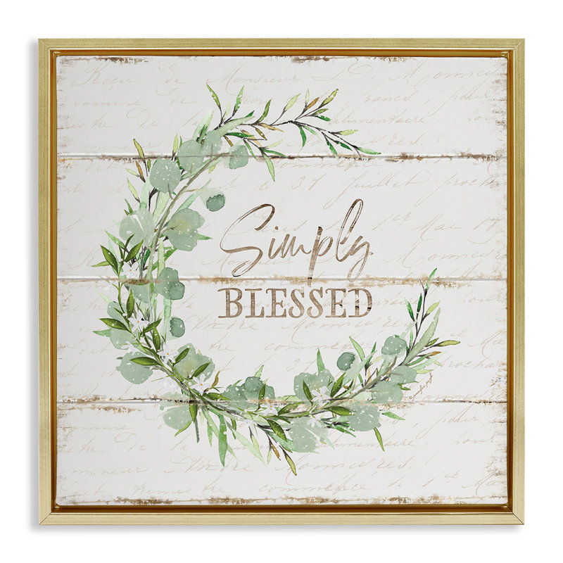 "Simply Blessed Rustic Wreath", peinture murale encadrée flottante grise par Jennifer Pugh, Cadre flottant métallique doré