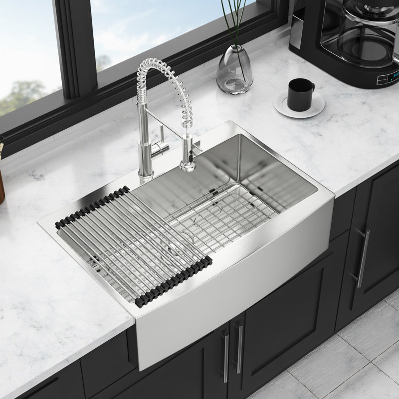 33*22*10 Inch Topmount Kitchen Sink, Apron Front Design, 16 Gauge 304 Stainless Steel, X - Shaped Water Flow For Quick Drainage Solution, R10 Corner Food Accumulation, Thick Coating Climate