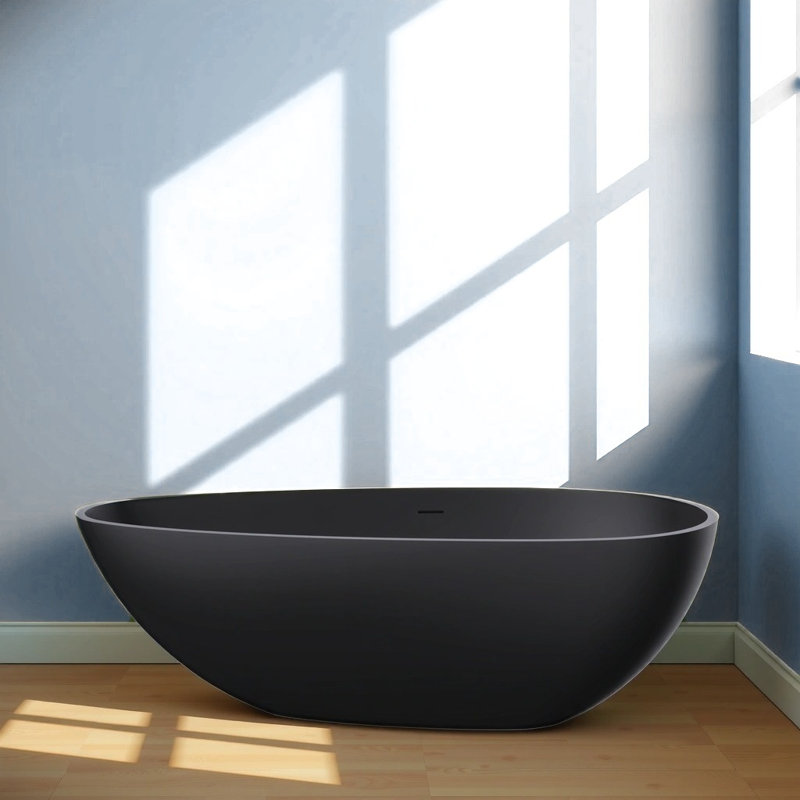 Baignoire de trempage autoportante à surface solide de 66,9 po - Design ovale noir mat, salle de bain contemporaine, installation facile