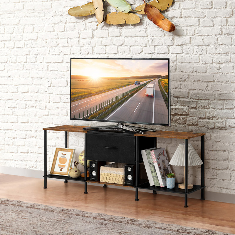Meuble télé avec tiroir en tissu, structure en bois rustique et en métal noir, console de divertissement moderne