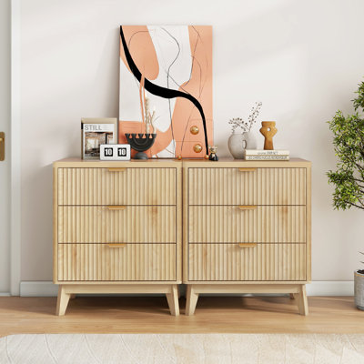 Night Stand Set of 2 with 3 Drawers, Fluted Modern Design for Bedroom, 23.6"W X 15.8"D X 28.3"H, Nature