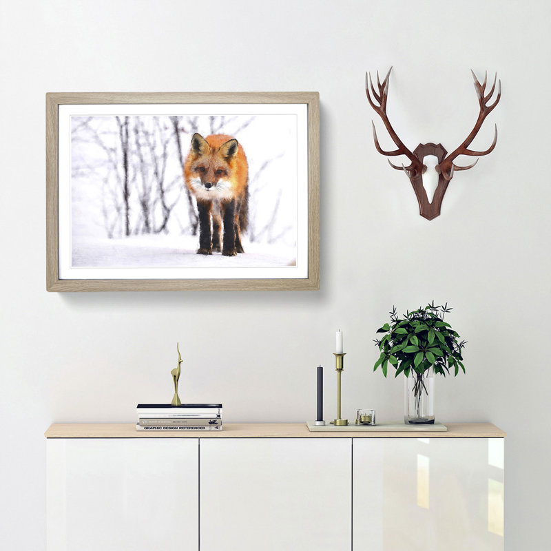 Red Fox in a Winter Forest - Framed Print, 24cm H x 33cm W x 2cm D, Oak Framed