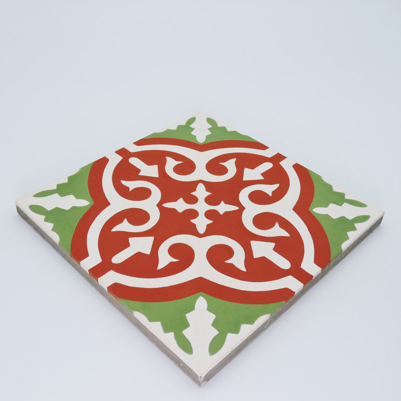 Argana 8" x 8" Cement Patterned Wall & Floor Tile, Red/Green