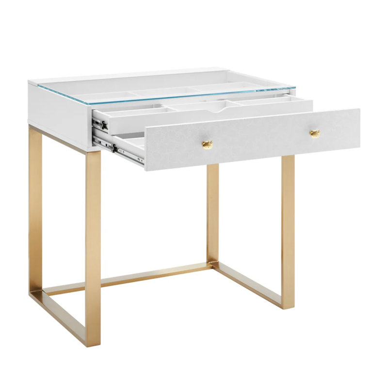 Hello Kitty SlayStation Mini Vanity Table with Clear View Glass Top, Double Decker Drawers with Preset Compartments, Gold