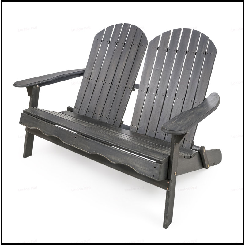 Durable Acacia Wood Adirondack Loveseat With Slat-Back Design For Outdoor Comfort And Style, Dark Gray