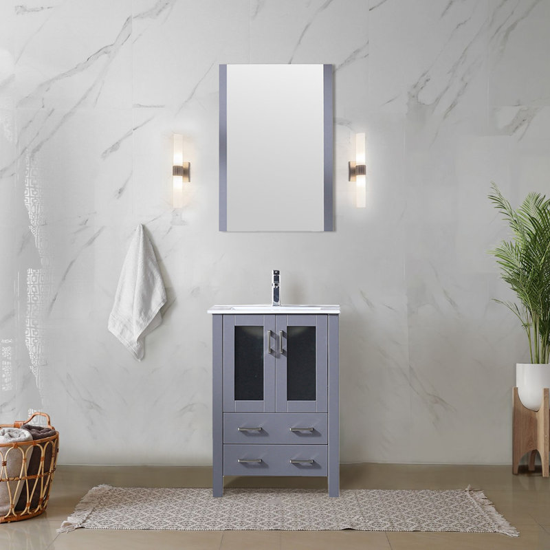 Volez 24 in W x 18.25 in D Single Bath Vanity, White Ceramic Top and 22 in Mirror, Dark Grey