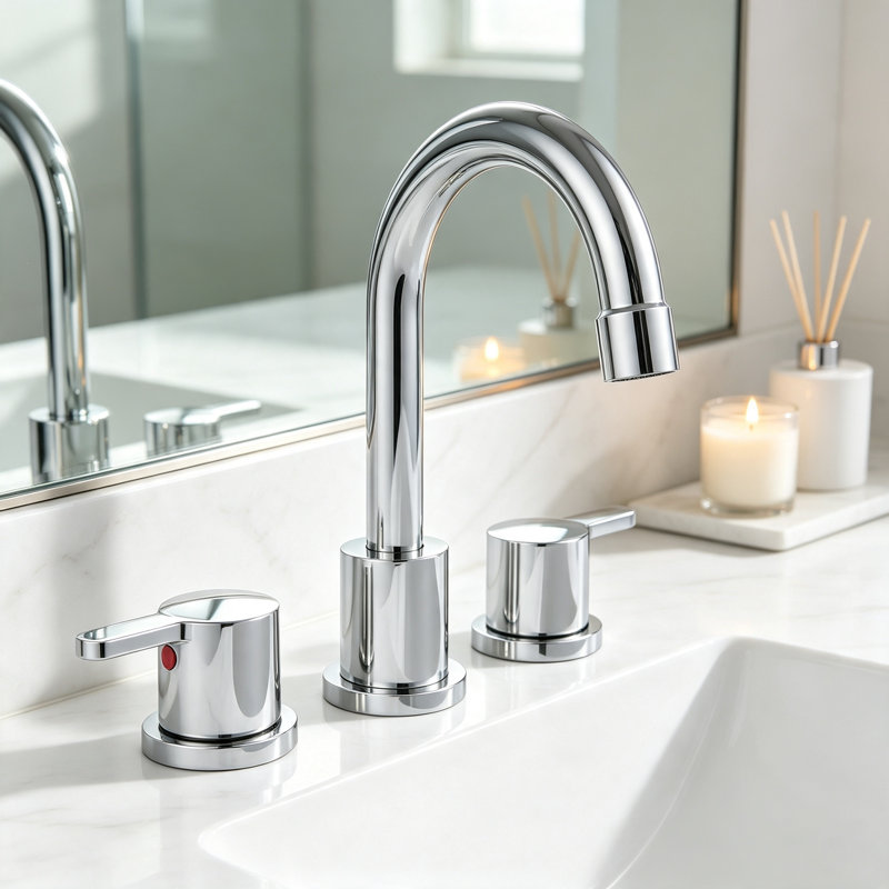 Robinet de salle de bain moderne à large entraxe avec bec pivotant à arc élevé, bonde escamotable et conduites d'alimentation
