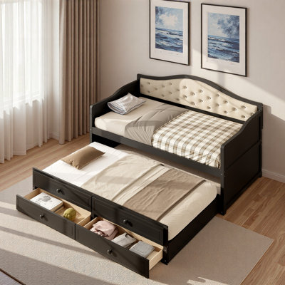 Wooden Daybed With Trundle, 2 Storage Drawers And Upholstered Button Tufted Backrest