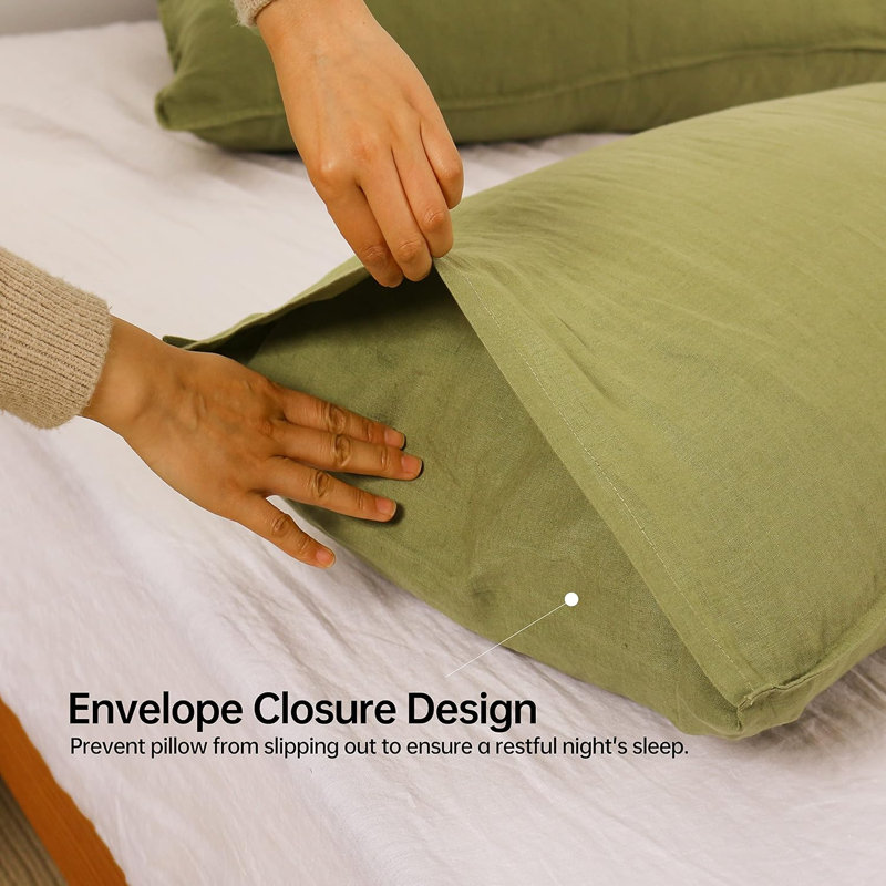 Ensemble de 2 taies d'oreiller 100% lin, couleur unie, avec housse en lin délavé à la pierre, Très grand lit, Olive Green