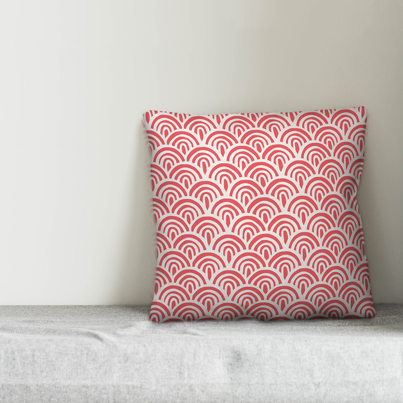  Abstract Scallop Outdoor Square Pillow, Polyester/Polyfill, 20" x 20", Cream/Red