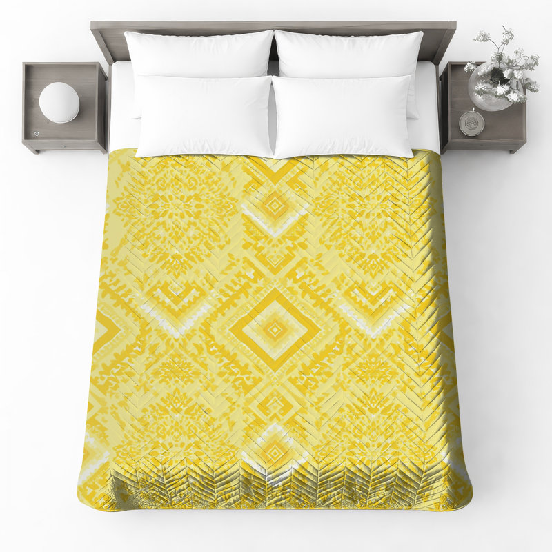 Yellow Ornate Pattern Quilted Bedspread All Sizes, Queen