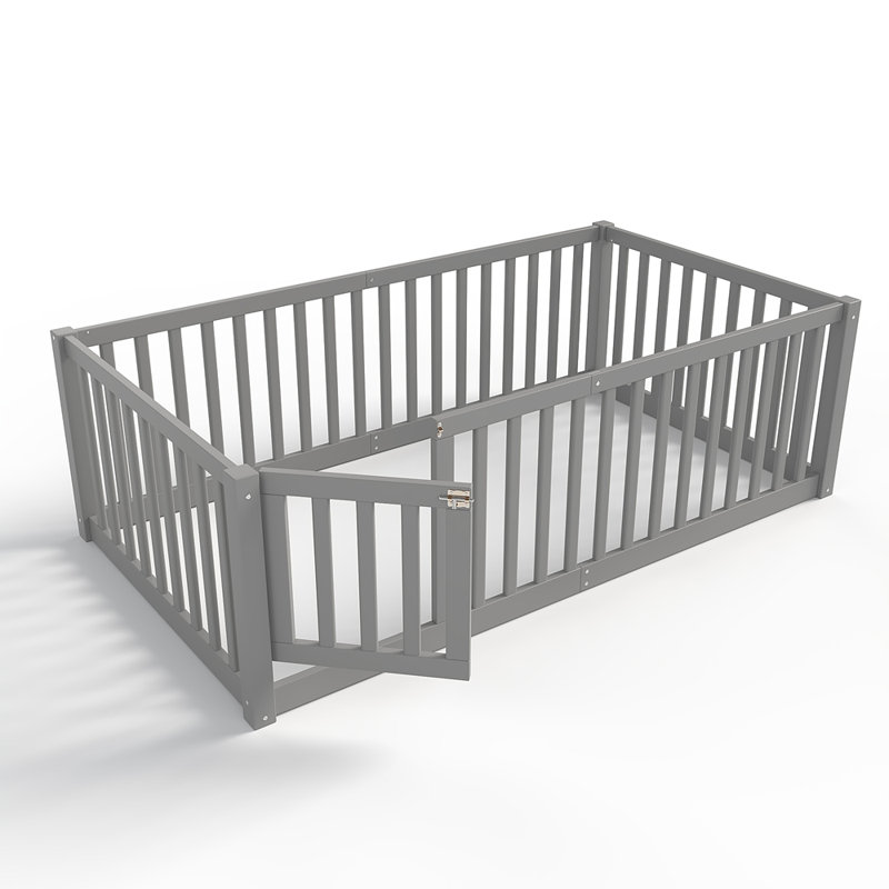 Lit simple avec garde-corps et porte pour enfants, Lit simple, Gris