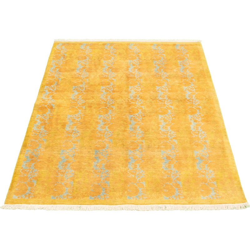 Tapis décoratif en laine noué à la main de conception unique noué à la main new age de style perse 18/20 jaune 5 pi 2 po x 7 pi 9 po