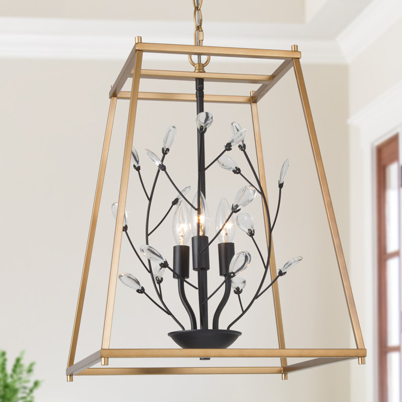 Lustre géométrique de salle à manger à 3 lumières avec détails en cristal, Or / noir
