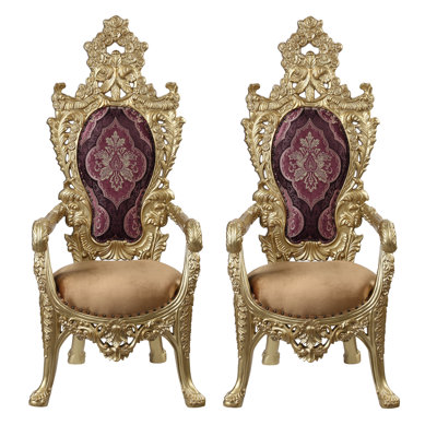 Arm Chair (Set-2), Floral Fabric, Gold Finish, Waterfall Seat