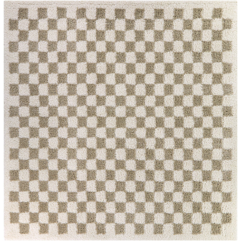 Tapis beige à carreaux à poils longs Walker, Carré 6 pi 7 po