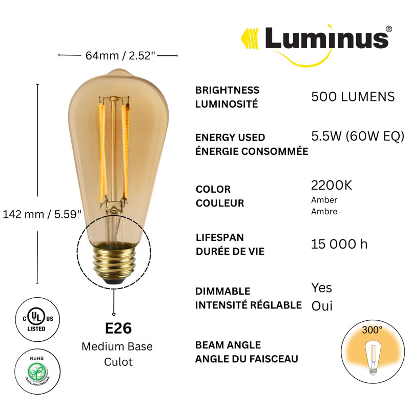 Ampoule à DEL E19 à culot rétro E26 60W (5,5W) Luminus Led ST19 500 lumens, 15000 heures, intensité variable, ambre 2200K, paquet de 6
