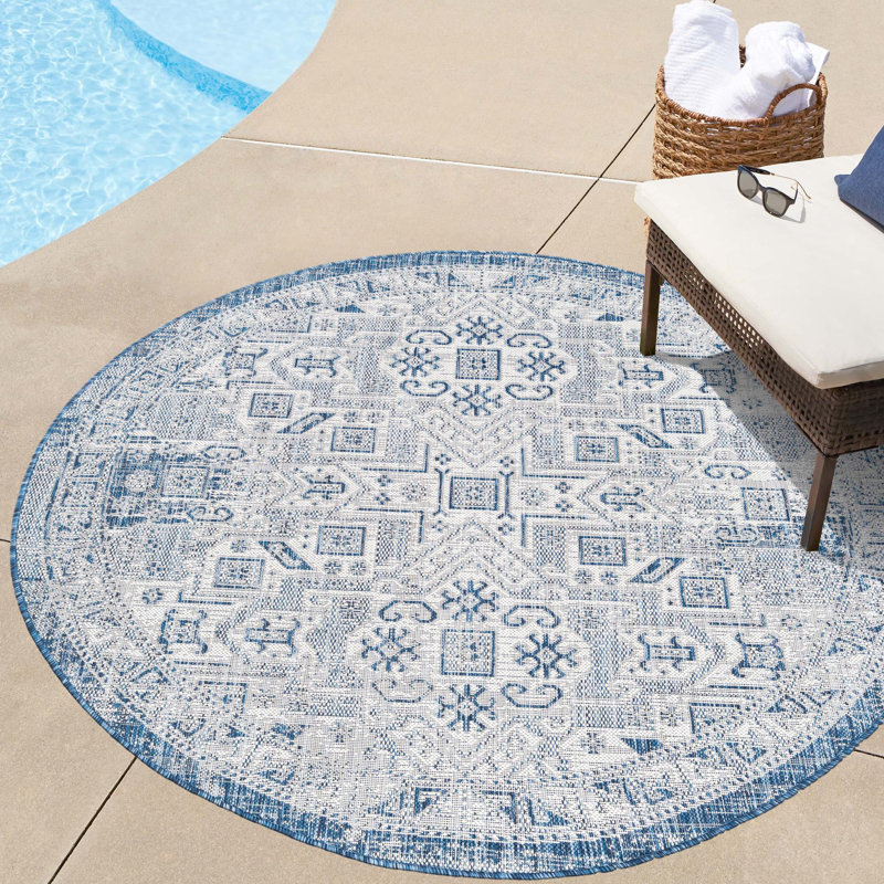 Outdoor Chand Area Rug Ivory-Blue Color, Round 10'