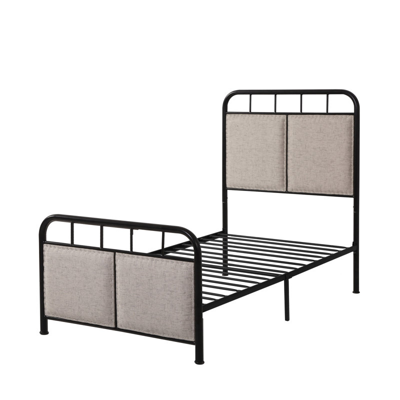 Lit simple, structure de lit plateforme en métal, revêtement en lin, panneau de tête en tissu, acier robuste, durabilité, fonctionnement silencieux, assemblage d'instructions clair avec outils, aucun sommier requis, 250 lb